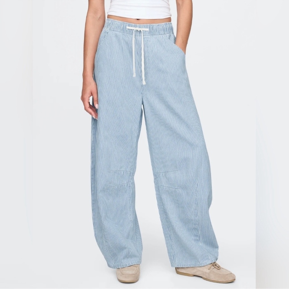 GAP Blue Striped Wide Leg Barrel Horseshoe Pants Size Large - Picture 3 of 10